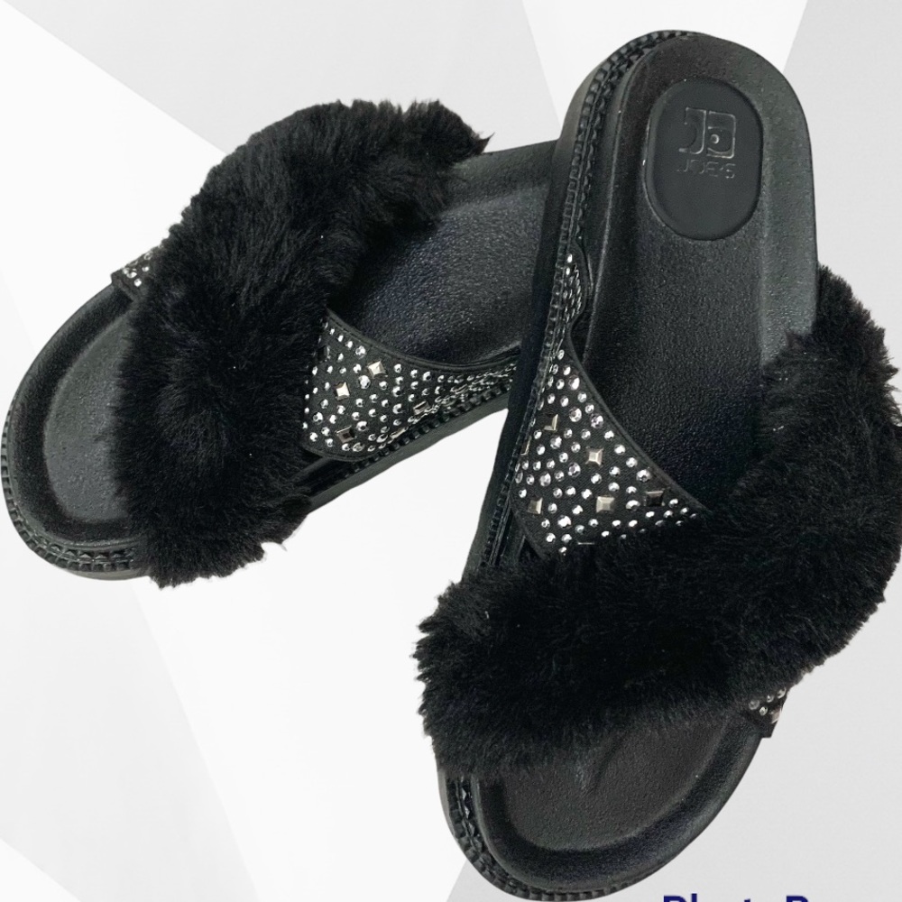 Joe's studded crossover faux fur slides in black- 8